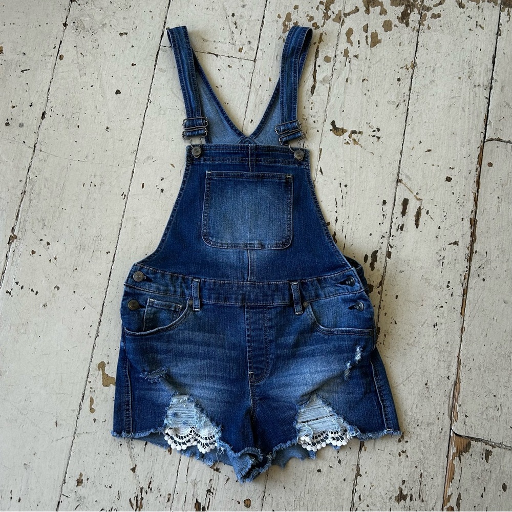 No Boundaries Blue Jean Shortalls Shorts with Lace inserts
